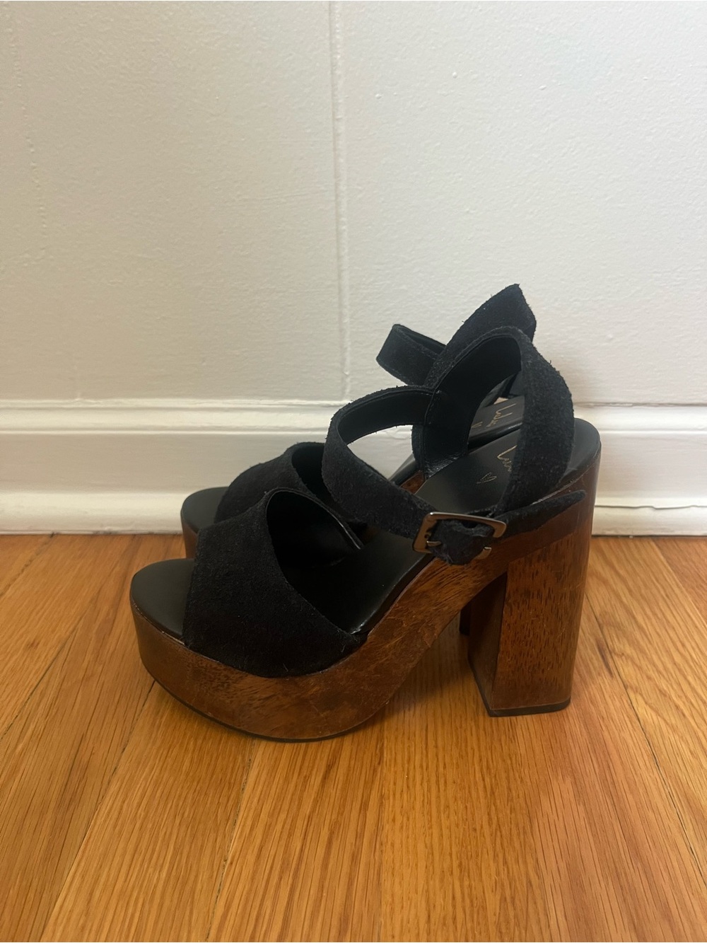 Lulu's Black Suede Platform Sandals with Wood Block Heel